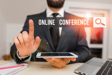 Conceptual hand writing showing Online Conference. Concept meaning online service by which you can...