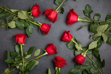 Beautiful red rose flowers on a black background. Top view, flatlay.