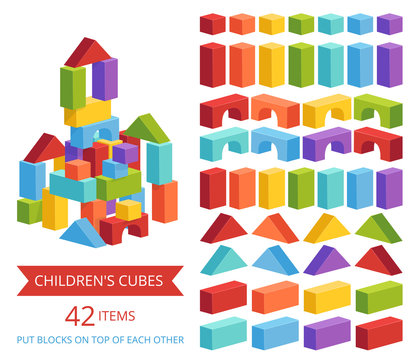 A set of children's cubes in different colors for making castles and towers. Children's educational game