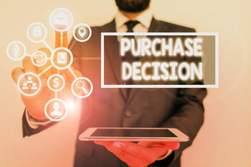 Text sign showing Purchase Decision. Business photo text process that leads a consumer from...