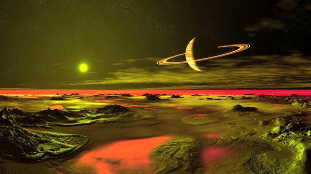 Alien Landscape. In the dark starry sky, a planet surrounded by rings, and a bright sun. Low clouds float slowly over a foggy horizon. In the lowlands between the mountains red fog.