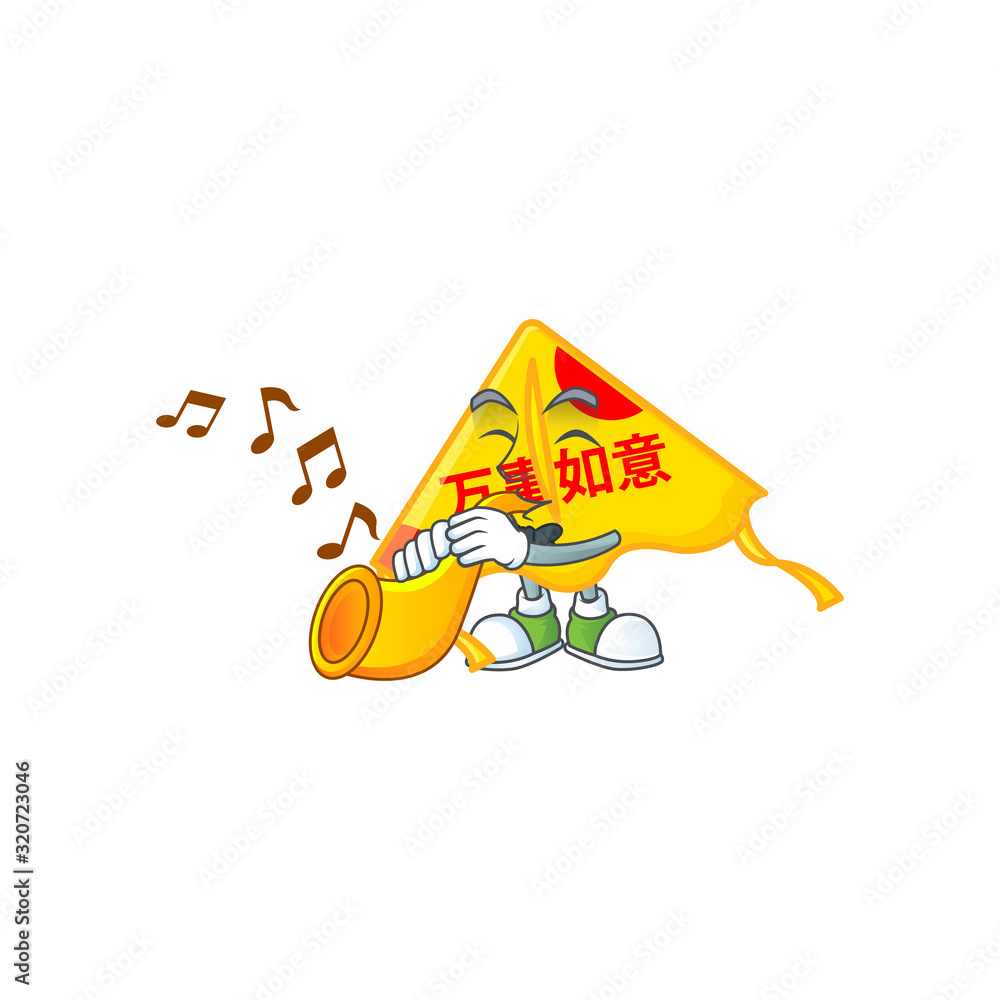 Poster cartoon character style of chinese gold kite performance with trumpet