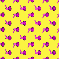 Seamless pattern of purple megaphones on yellow background isolated, pink loudspeakers art backdrop, violet loudhailers ornament wallpaper, announce or advertisement symbol, media, communication sign