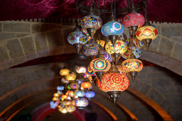 Decorative colorfull lights . Traditional Turkish lanterns made of colored glass . hanging...
