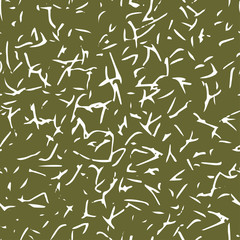 White seamless pattern with dashes and dots. Vector linear ornament. Grain on a green background. Seamless grain texture randomly drawn by hand.