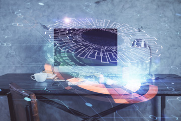 Technology theme drawing and table with computer. Double exposure. Concept of information.