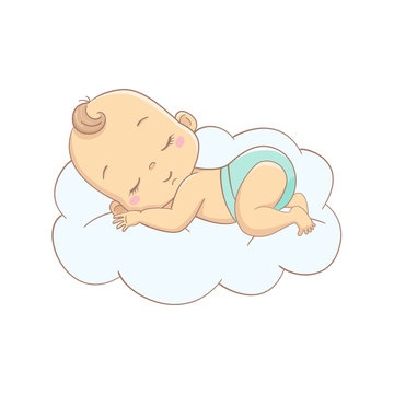 Vector illustration of cartoon baby sleeping on a cloud.
