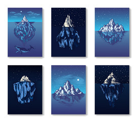 Obraz na płótnie Canvas Iceberg in the ocean banners. A large piece of a mountain glacier floating in northern water. Engraved hand drawn vintage sketch for emblem, web logo, banner or t-shirt. 