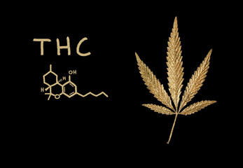 Golden leaf cannabis and formula THC, marijuana on black background in minimal branding,...