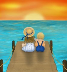 Fototapeta na wymiar A boy and a girl are sitting on the seashore and watching the sunset.