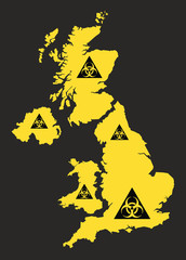 United Kingdom map with biohazard virus sign illustration in black and yellow