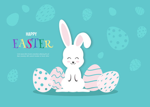 Happy Easter Illustration - White Rabbit Bunny on Blue Background. Happy Easter, easter bunny, easter background, easter banners, easter flyer, easter Copy space text area, vector illustration.