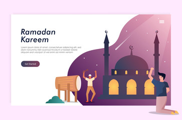 islamic design illustration concept for ramadan kareem or eid mubarak with people character. template for web landing page, banner, presentation, social, poster, ad, promotion or print media.