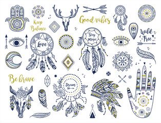 Ethnic boho set with hand, moon, dream catchers, hamsa, headdress, feathers, arrows, eye and other bohemian elements. Vector illustration. Perfect fpr logos, banners, posters, cards etc