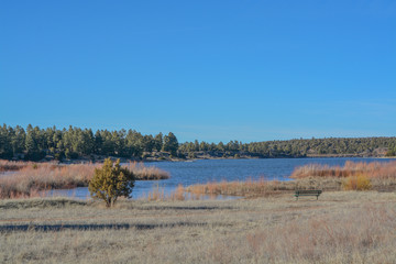 Peaceful view of Fool Hollow Lake in Show Low, Navajo County, Apache Sitgreaves National Forest, Arizona USA