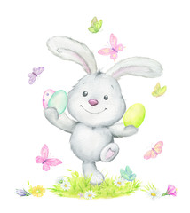 Funny rabbit, jumping, holding Easter eggs, surrounded by butterflies. Watercolor concept, on an isolated background. for the Easter holiday