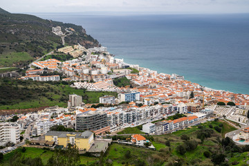 Fototapeta na wymiar Beautiful aerial view of Sesimbra, Portugal - as seen from the castle on the hill