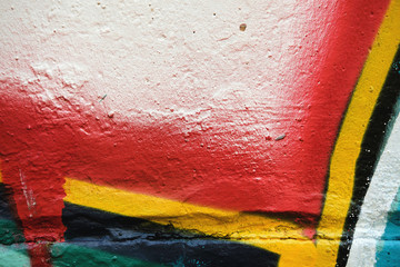 Colorful Graffiti texture on wall as background. Close up with detail Colorful  red, yellow, blue, black sprayed graffiti on aged cracked brick wall with drips, smears and peeling paint