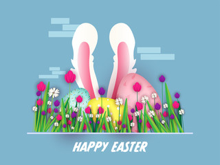 Happy Easter Concept with Bunny Ear, Printed Eggs, Daisy and Tulip Flowers Decorated on Blue Background.