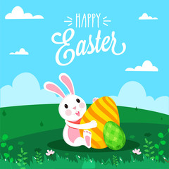 Obraz na płótnie Canvas Cartoon Bunny with Printed Eggs on Green Nature and Blue Clouds Background for Happy Easter Celebration Concept.
