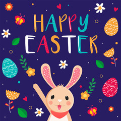 Colorful Happy Easter Text with Cartoon Bunny, Printed Eggs, Butterfly and Flowers Decorated on Purple Background.