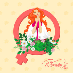 Cheerful Young Girl with Floral and Female Gender Sign on Yellow Background for Happy Women's Day Celebration Concept.