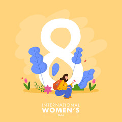 8 Number with Young Girl holding Butterflies and Backpack on Nature View Yellow Background for International Women's Day.