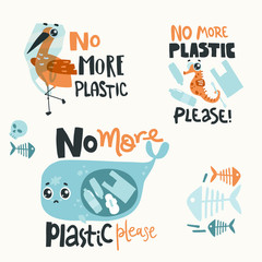 Lettering compositions with sad sea animals and plastic garbage in the ocean. No more plastic