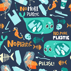 Seamless pattern with sad sea animals and plastic garbage in the ocean. No more plastic © dinkoobraz