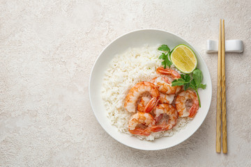 Prawn and rice on white bowl