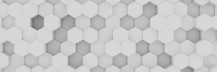 Fototapeta premium Białe tło ściany o strukturze plastra miodu. Tło ściany chaotyczne kostki. Panorama z tapetą o wysokiej rozdzielczości. Ilustracja renderowania 3D