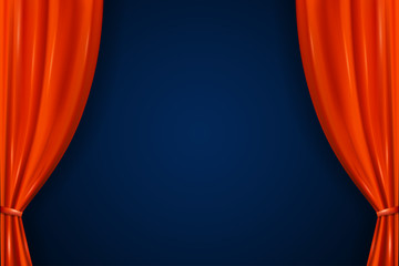 Realistic open red curtains. Empty stage with luxury scarlet red curtains and empty auditorium. Velvet layered interior decoration design for cinema or theater, fabric background for film or opera.