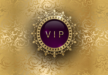 Vip purple label with round golden ring frame crown on gold floral background. Royal glossy premium template. Vector luxury illustration. Vintage invitation or announcement card design