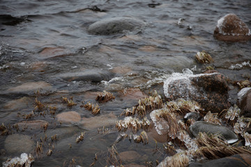 Obraz premium shore with rocks and water close-up. Stone and pebble background