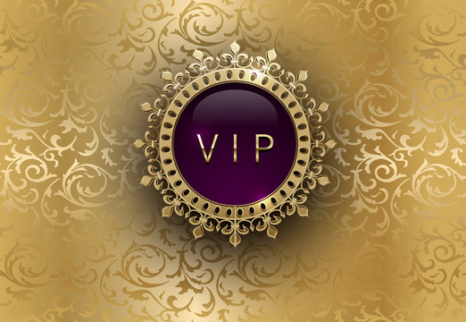 Vip purple label with round golden ring frame crown on gold floral background. Royal glossy premium template. Vector luxury illustration. Vintage invitation or announcement card design