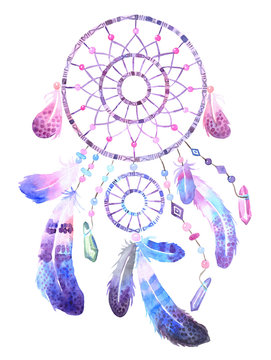 Hand drawn illustration of dreamcatcher.Ethnic illustration with Native American Indian watercolor dreamcatcher.Boho style.Template card.Perfect for greeting cards,print,diy projects,blogs,thanks card