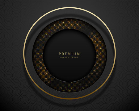 Vector black and gold abstract round luxury frame. Sparkling sequins on black background with volume golden ring. Premium label design