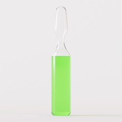 Transparent glass ampoule. Ampoule with medicine on a white background. 3D rendering.