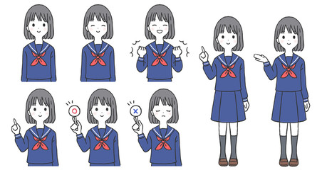女子学生の表情とポーズのセット