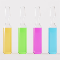 Transparent glass ampoule. Ampoule with medicine on a white background. 3D rendering.