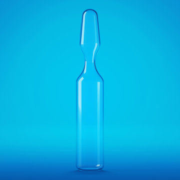 Transparent glass ampoule. Ampoule with medicine on a blue background. 3D rendering.