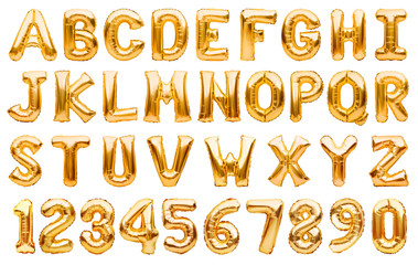English alphabet and numbers made of golden inflatable helium balloons isolated on white. Gold foil balloon font, full alphabet set of upper case letters and numbers. - obrazy, fototapety, plakaty