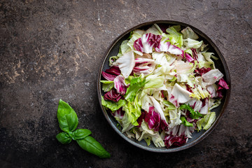 Fresh green mixed salad leaves frisee, radicchio and lamb's lettuce in a plate, top view.