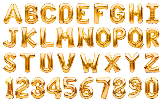 English alphabet and numbers made of golden inflatable helium balloons isolated on white. Gold foil balloon font, full alphabet set of upper case letters and numbers.