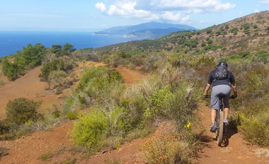 Ragazzo in mountain bike viaggia nell'isola con il mare sullo sfondo