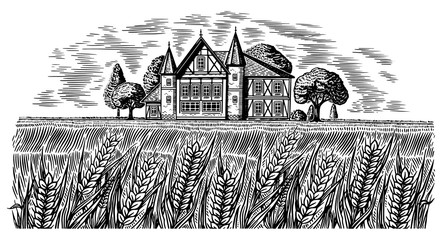Brewery on the background of wheat and barley. Scenic view of Rural landscape, village field and hill, retro wooden building. Hand drawn monochrome vintage sketch for beer or alcoholic beverage label © artbalitskiy