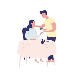Obraz premium Caring man bringing serving food to pregnant woman vector flat illustration