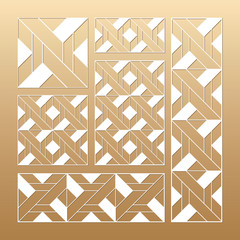 Laser cut vector panels (ratio: 1:1, 1:4, 2:1, 2:3, 3:1). Cutout silhouette with geometric seamless pattern.The set is suitable for engraving, laser cutting wood, metal, stencil manufacturing.