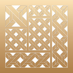 Laser cut vector panels (ratio: 1:1, 1:4, 2:1, 2:3, 3:1). Cutout silhouette with geometric seamless pattern.The set is suitable for engraving, laser cutting wood, metal, stencil manufacturing.