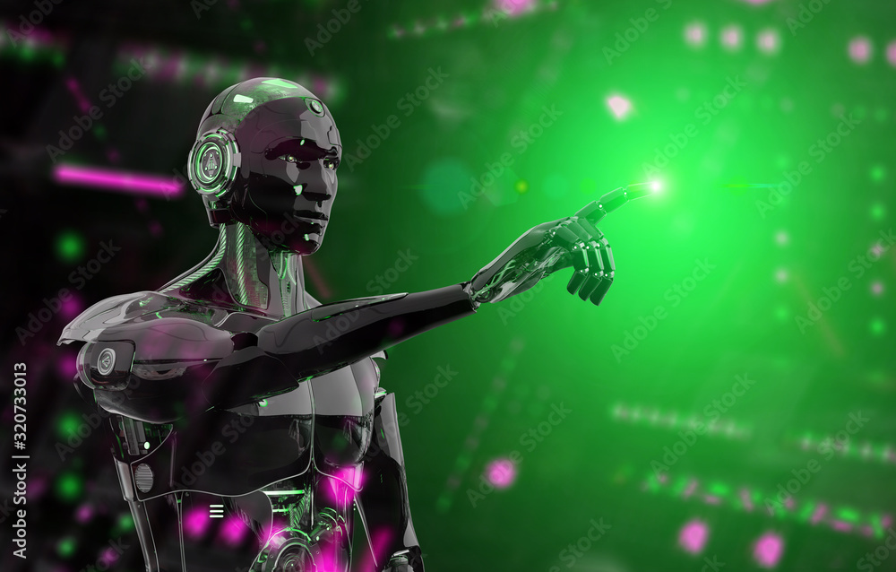 Poster black and green intelligent robot cyborg pointing finger on dark 3d rendering